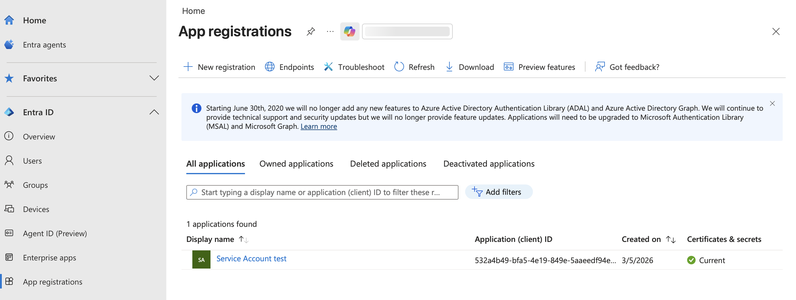 App registrations page with New registration button