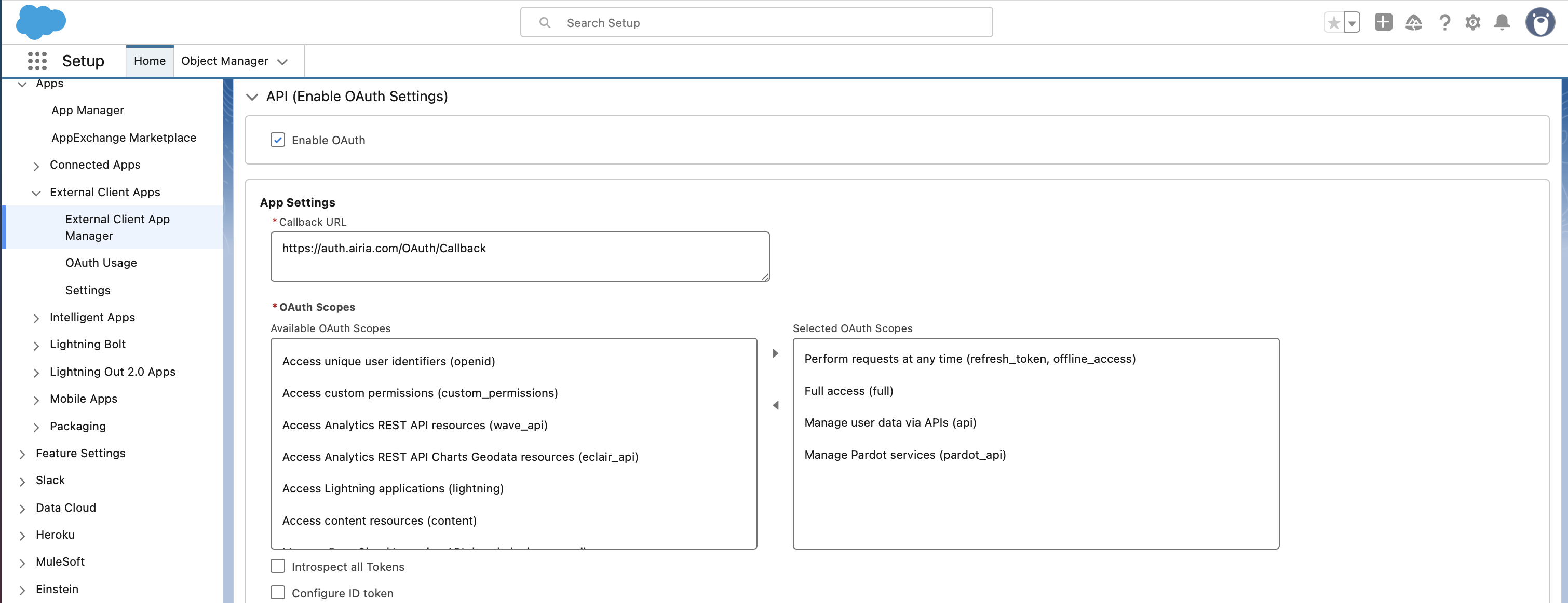 Selected OAuth Scopes with recommended scopes