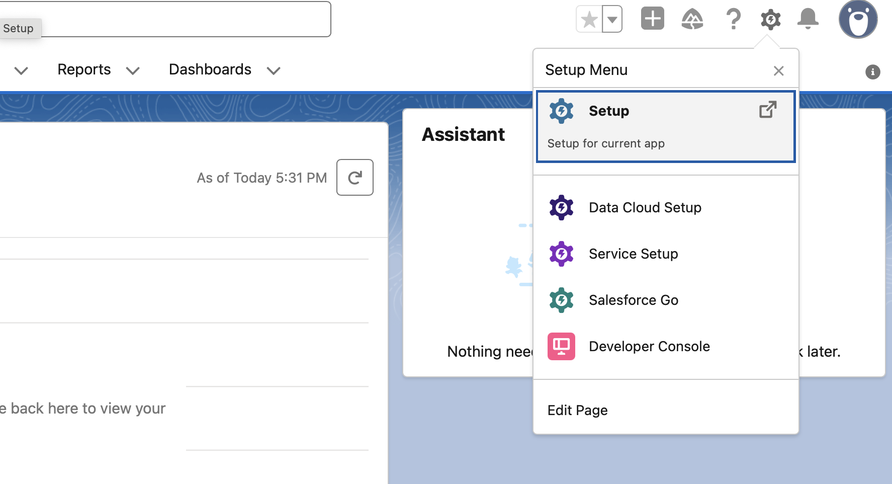Salesforce gear icon and Setup menu