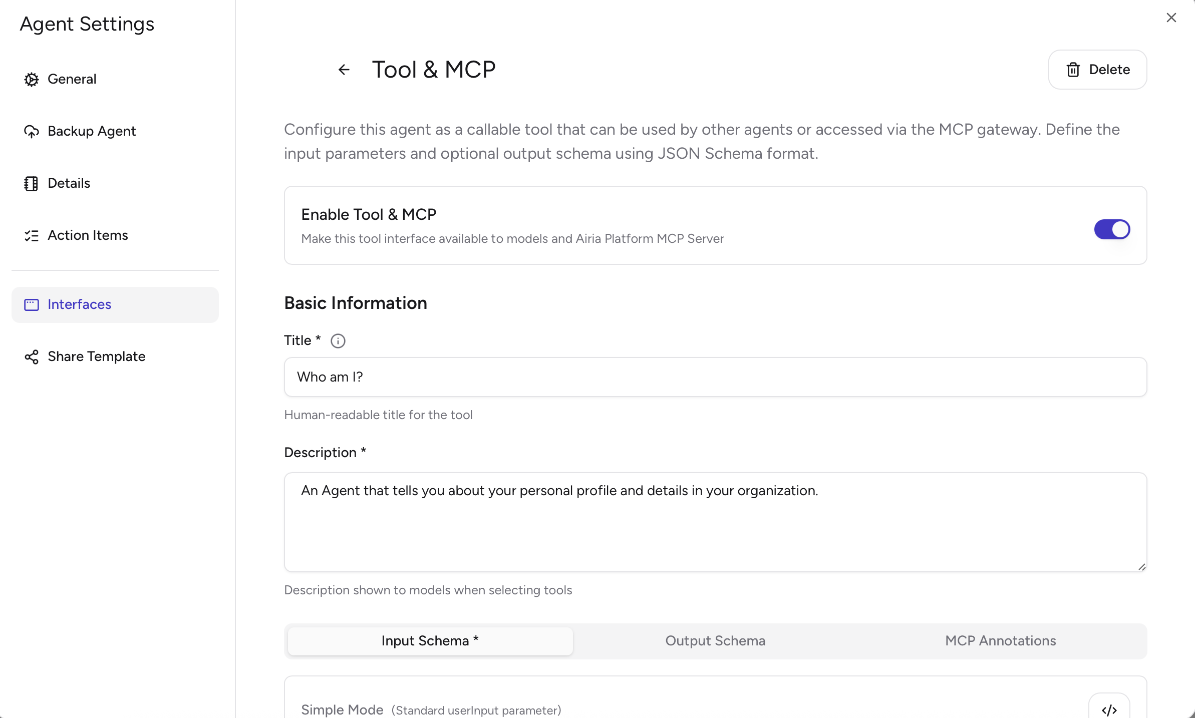 Interfaces panel showing Tool & MCP configured