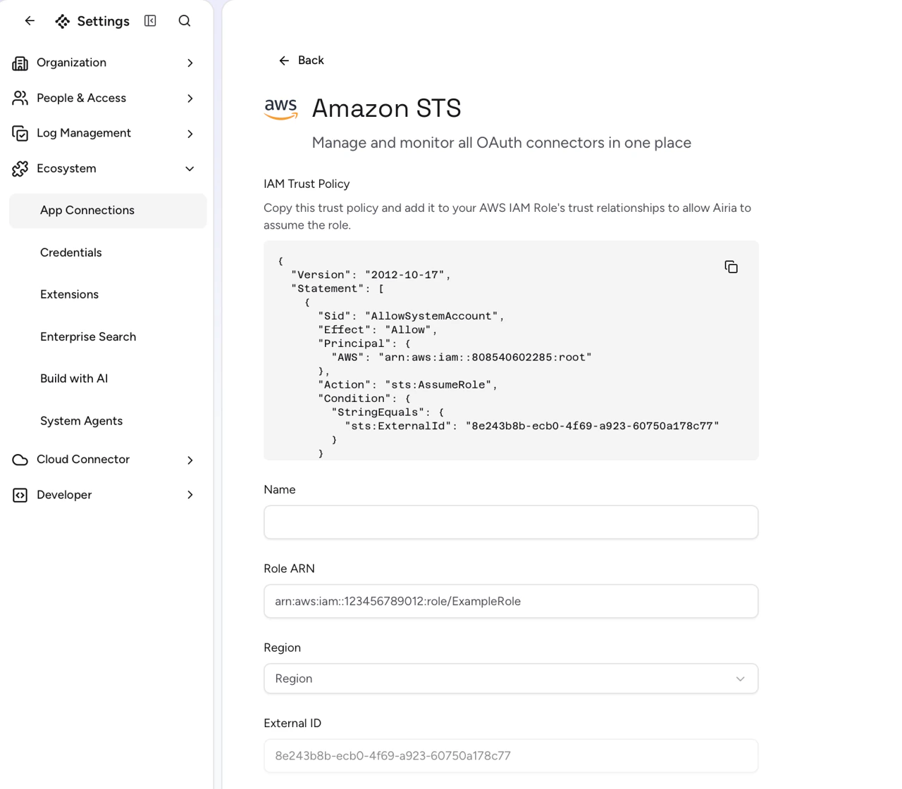 Airia AWS STS connector setup page