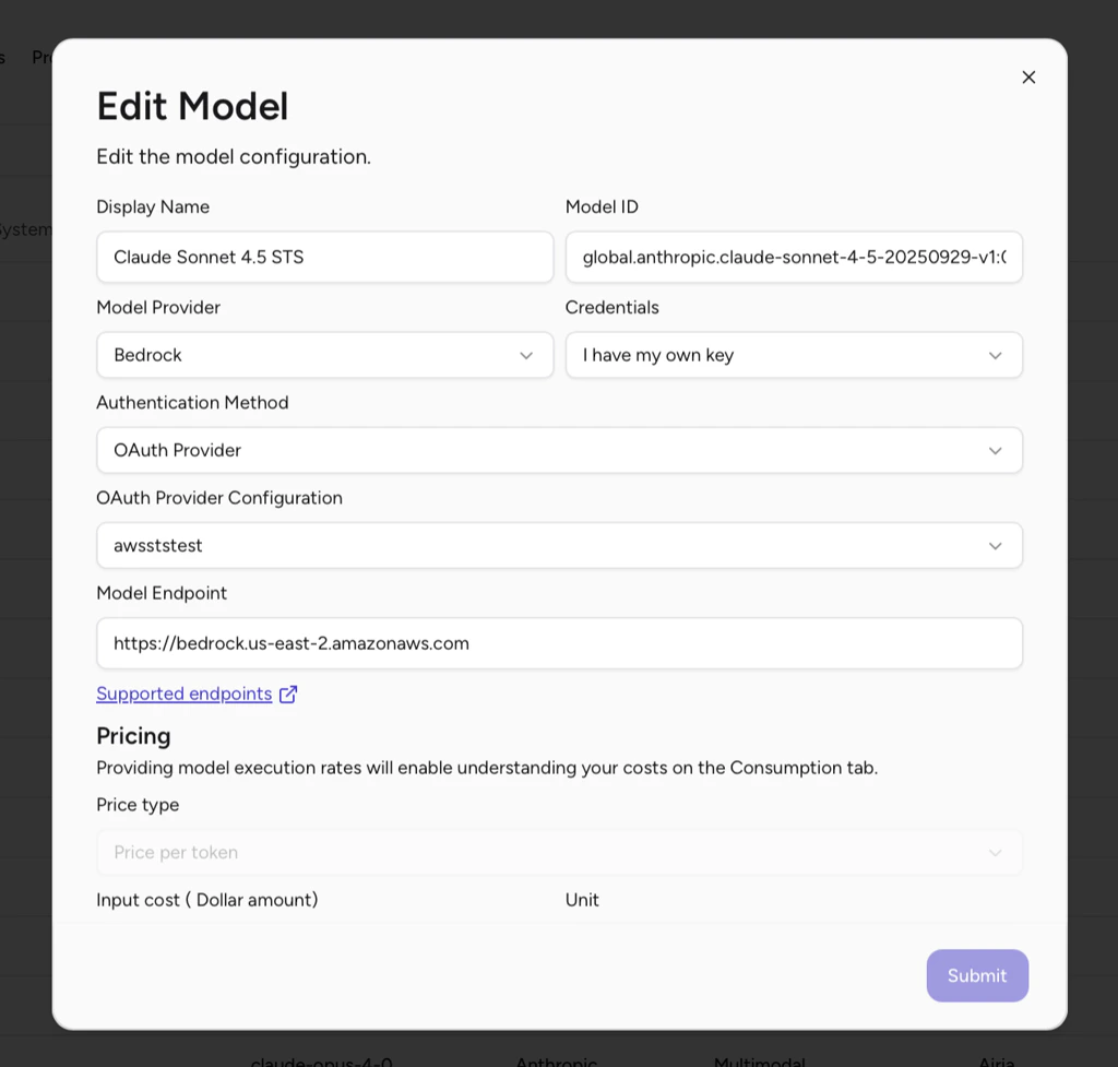 Airia Edit Model dialog with Bedrock provider and OAuth Provider authentication