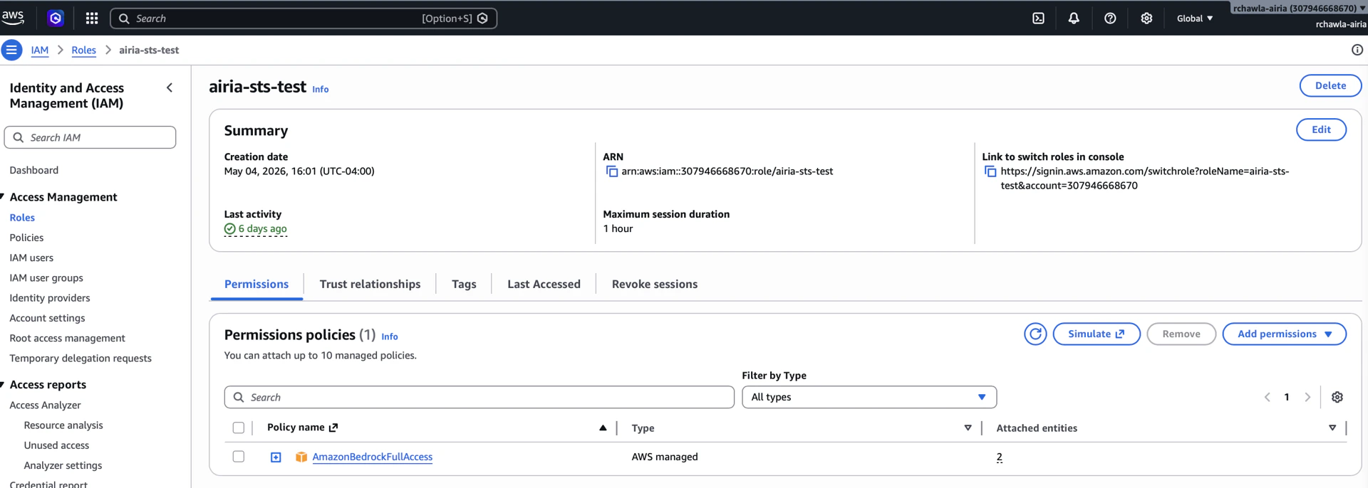 AWS IAM Role summary with ARN and attached permissions