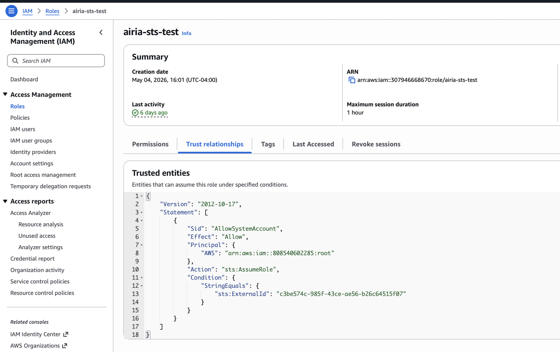 AWS IAM Role trust relationships showing the policy with External ID
