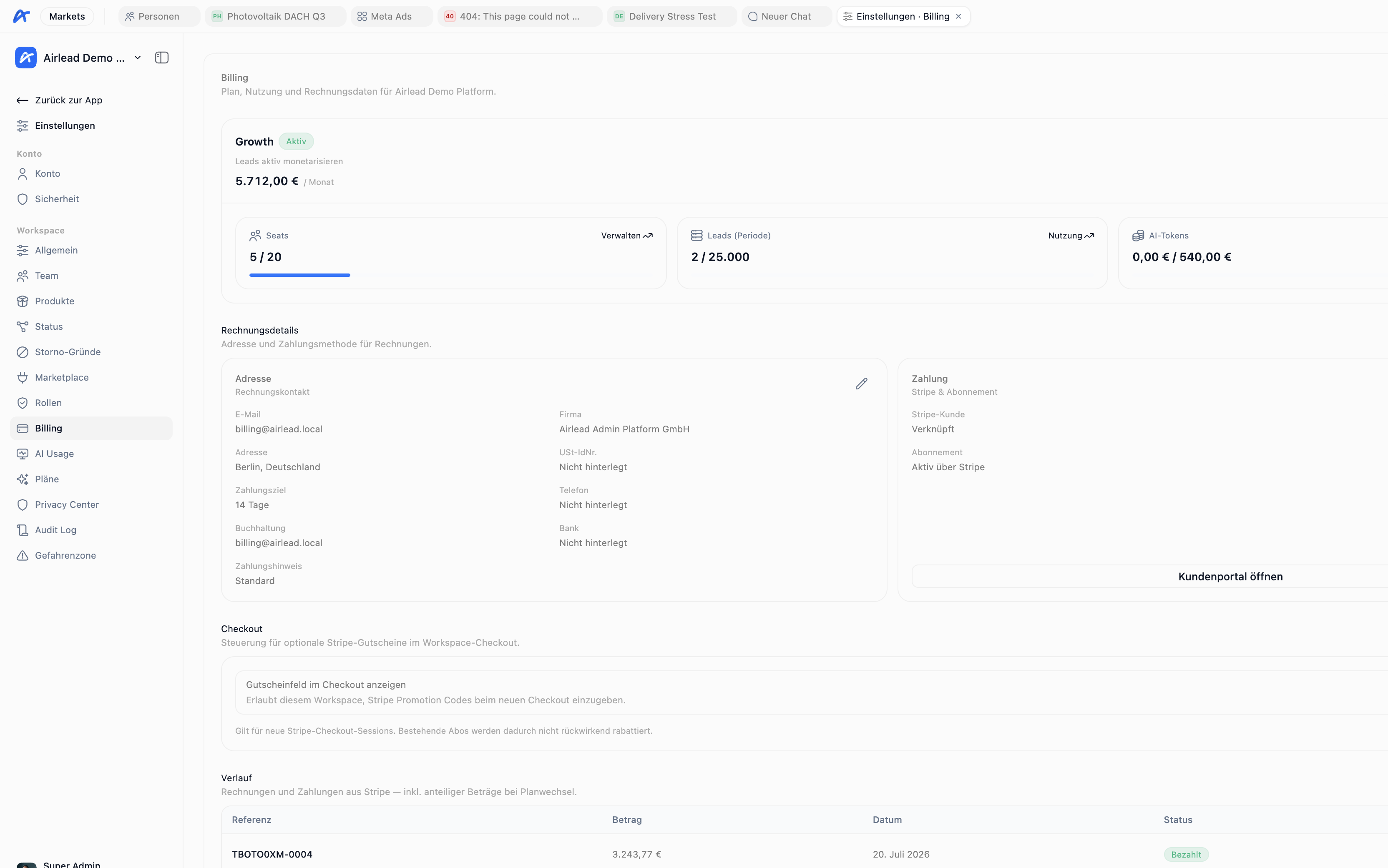 Workspace billing screen with Growth plan seats, leads, and AI token usage (German UI)