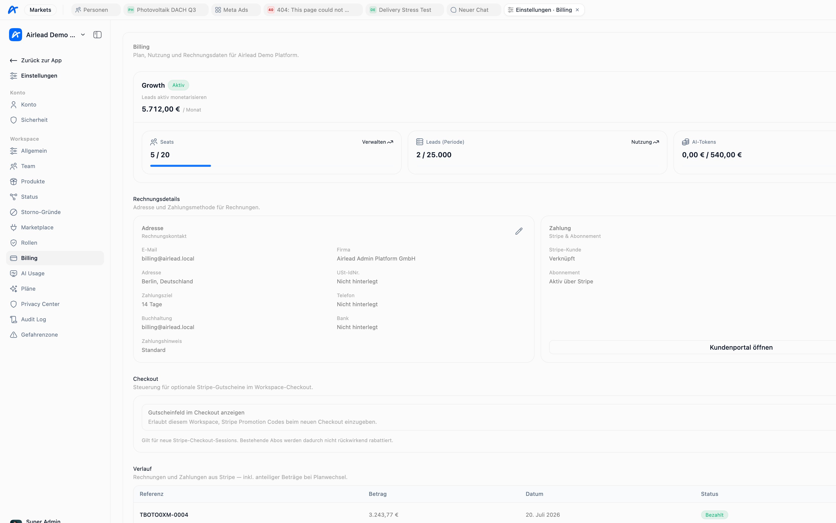 Workspace billing screen with Growth plan seats, leads, and AI token usage (German UI)