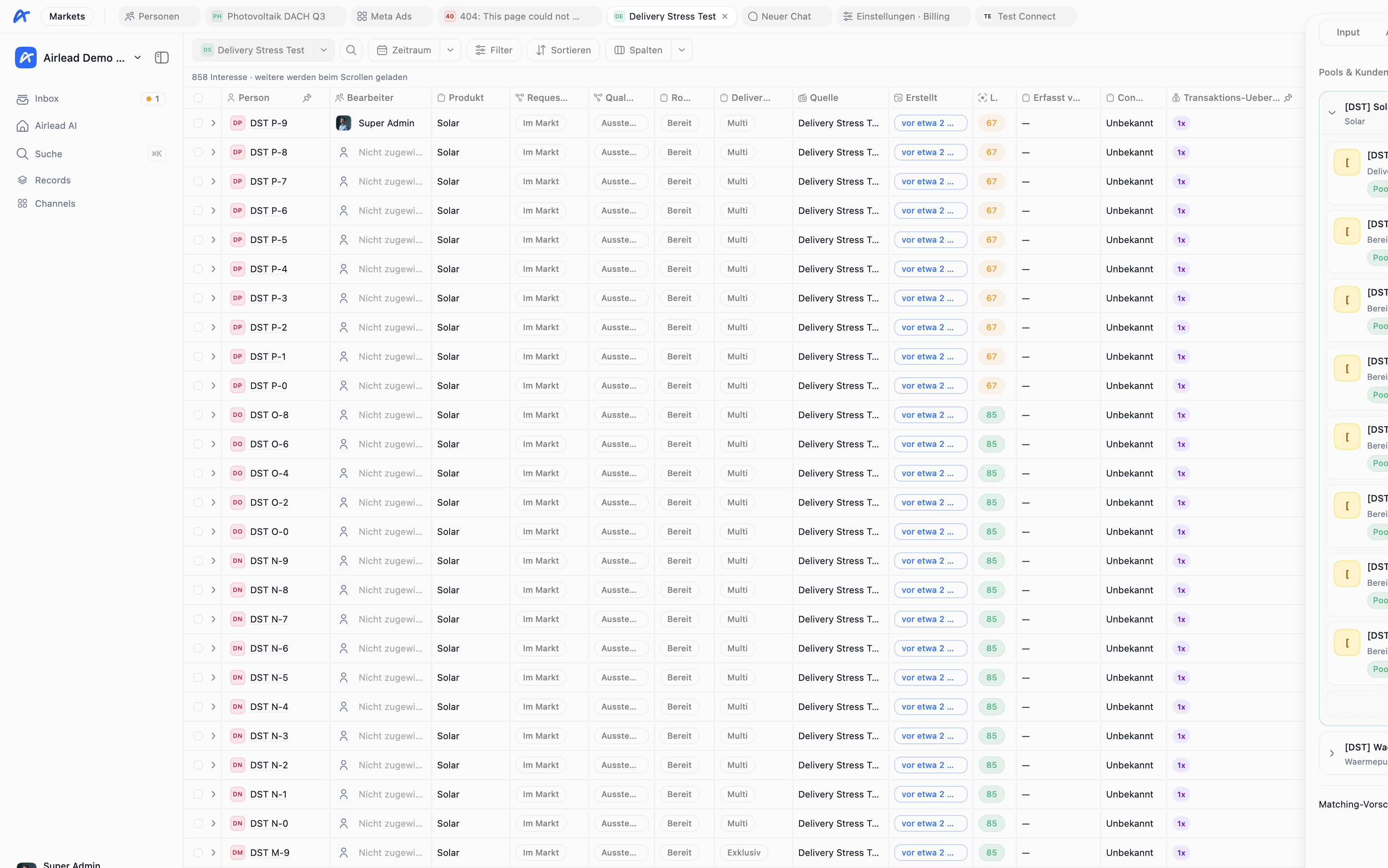 Channel Output sidebar with delivery pools and buyers (German UI)