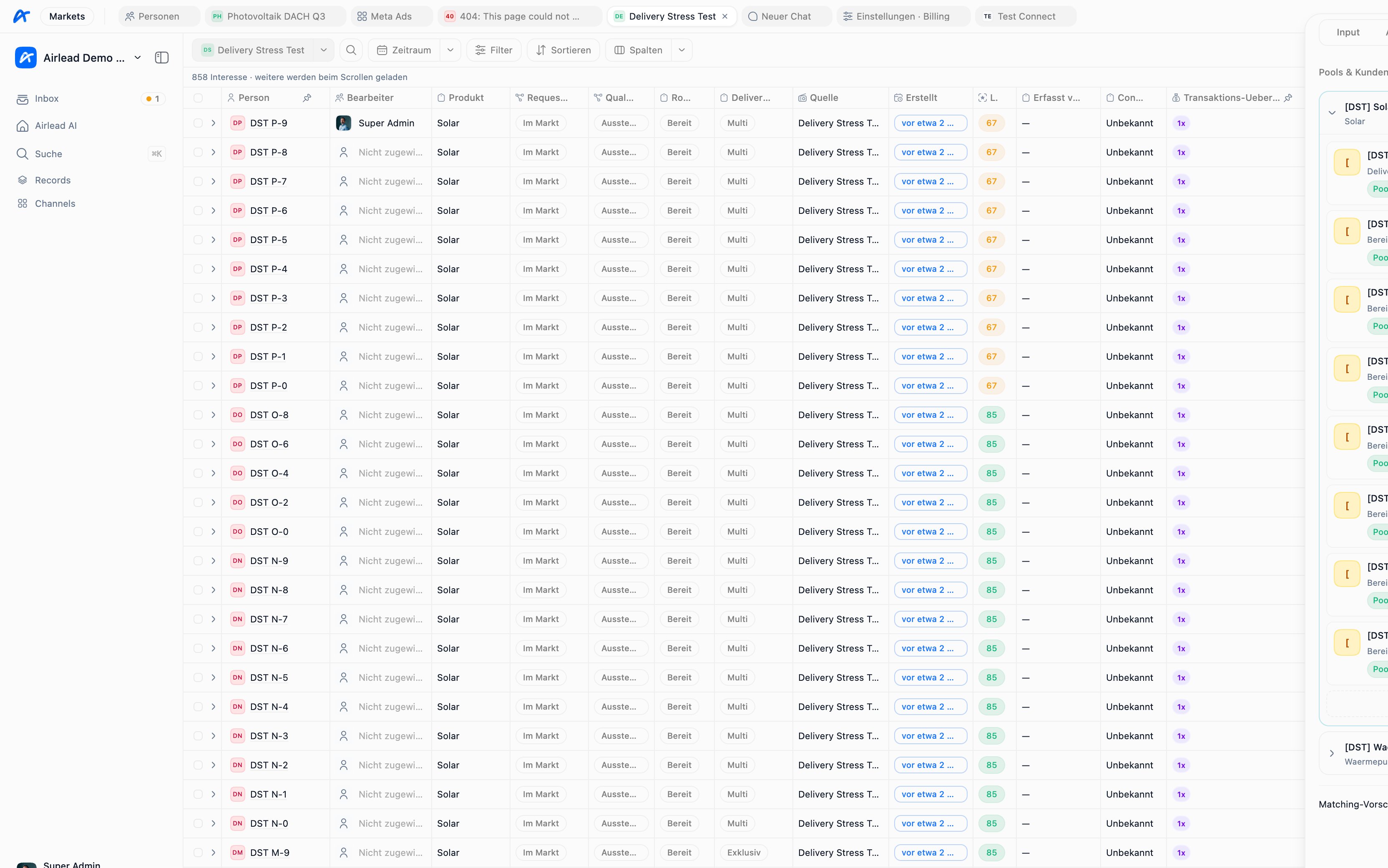 Channel Output sidebar with delivery pools and buyers (German UI)