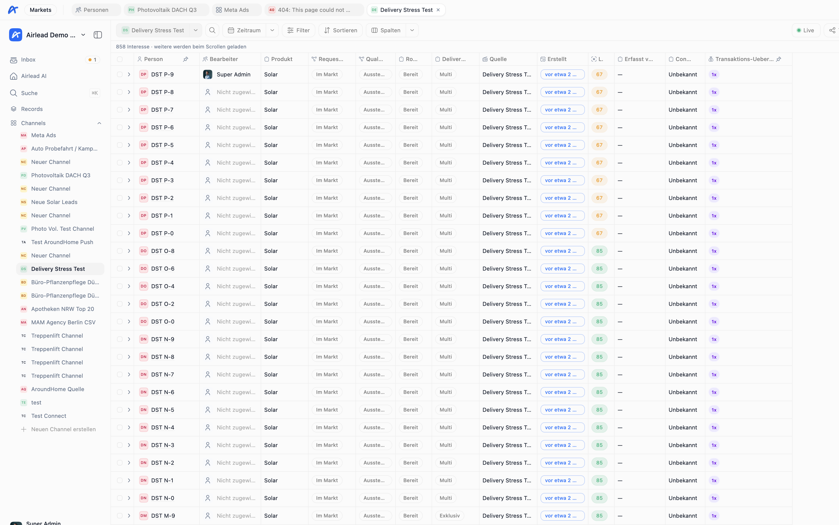 Markets channel interests table with routing status (German UI)