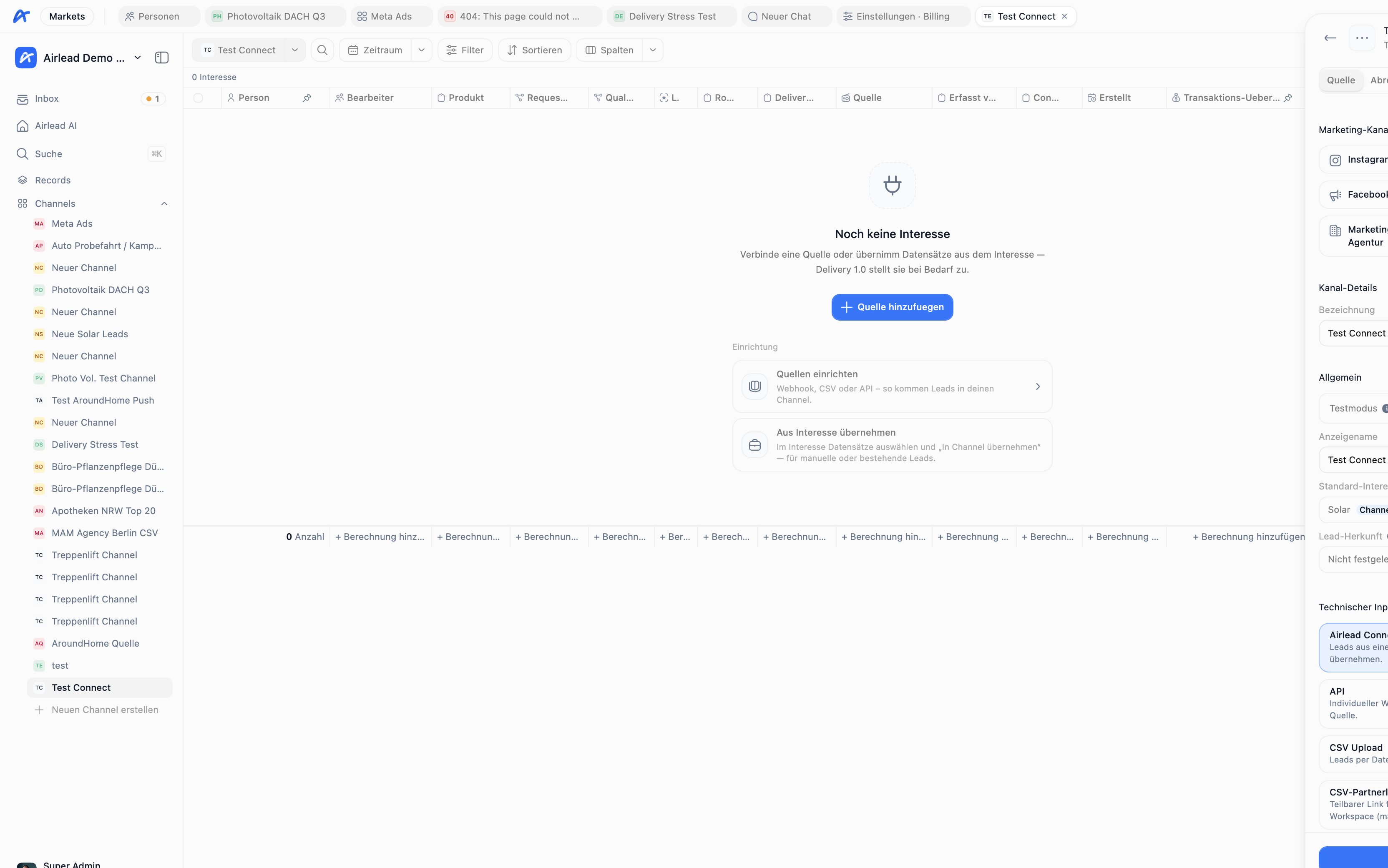 Source webhook setup panel with URL and secret (German UI)