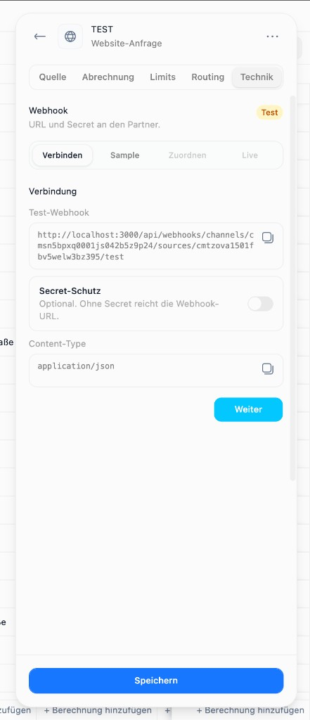 Webhook Technik step Verbinden with test URL and optional secret (German UI)