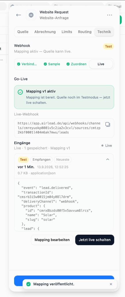 Webhook Live step with published mapping and live ingest URL (German UI)