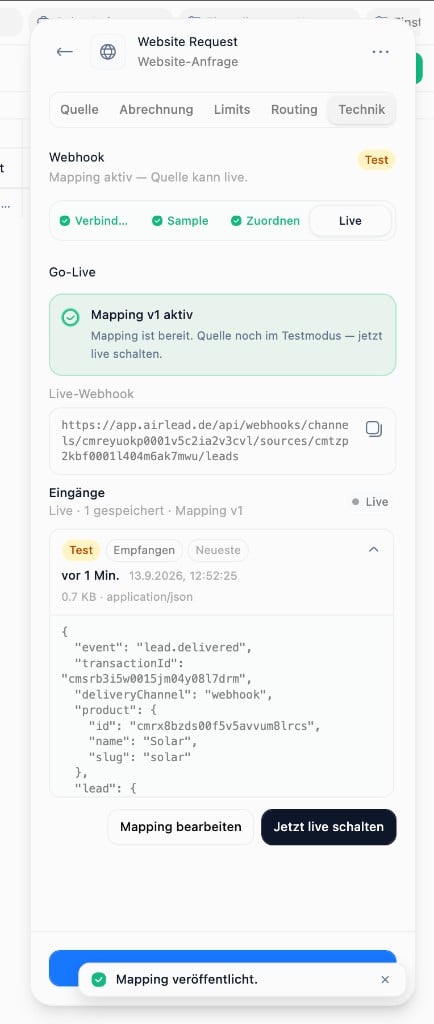Webhook Live step with published mapping and live ingest URL (German UI)