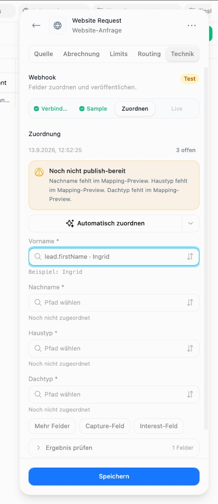 Webhook mapping step with missing required fields and Automatisch zuordnen (German UI)