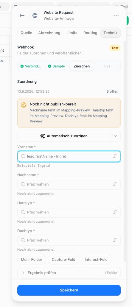 Webhook mapping step with missing required fields and Automatisch zuordnen (German UI)