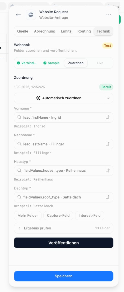 Webhook mapping ready with mapped person and product fields (German UI)
