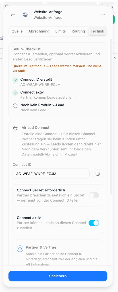 Channel Technik tab after Connect setup with Connect ID AC-…, optional secret off, Connect active on (German UI)
