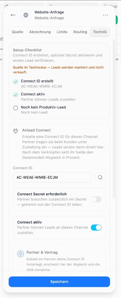 Channel Technik tab after Connect setup with Connect ID AC-…, optional secret off, Connect active on (German UI)