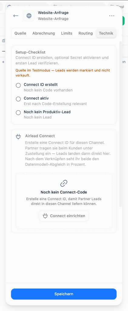 Channel Technik tab before Connect setup: no Connect code yet, Connect einrichten button (German UI)