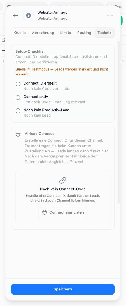 Channel Technik tab before Connect setup: no Connect code yet, Connect einrichten button (German UI)