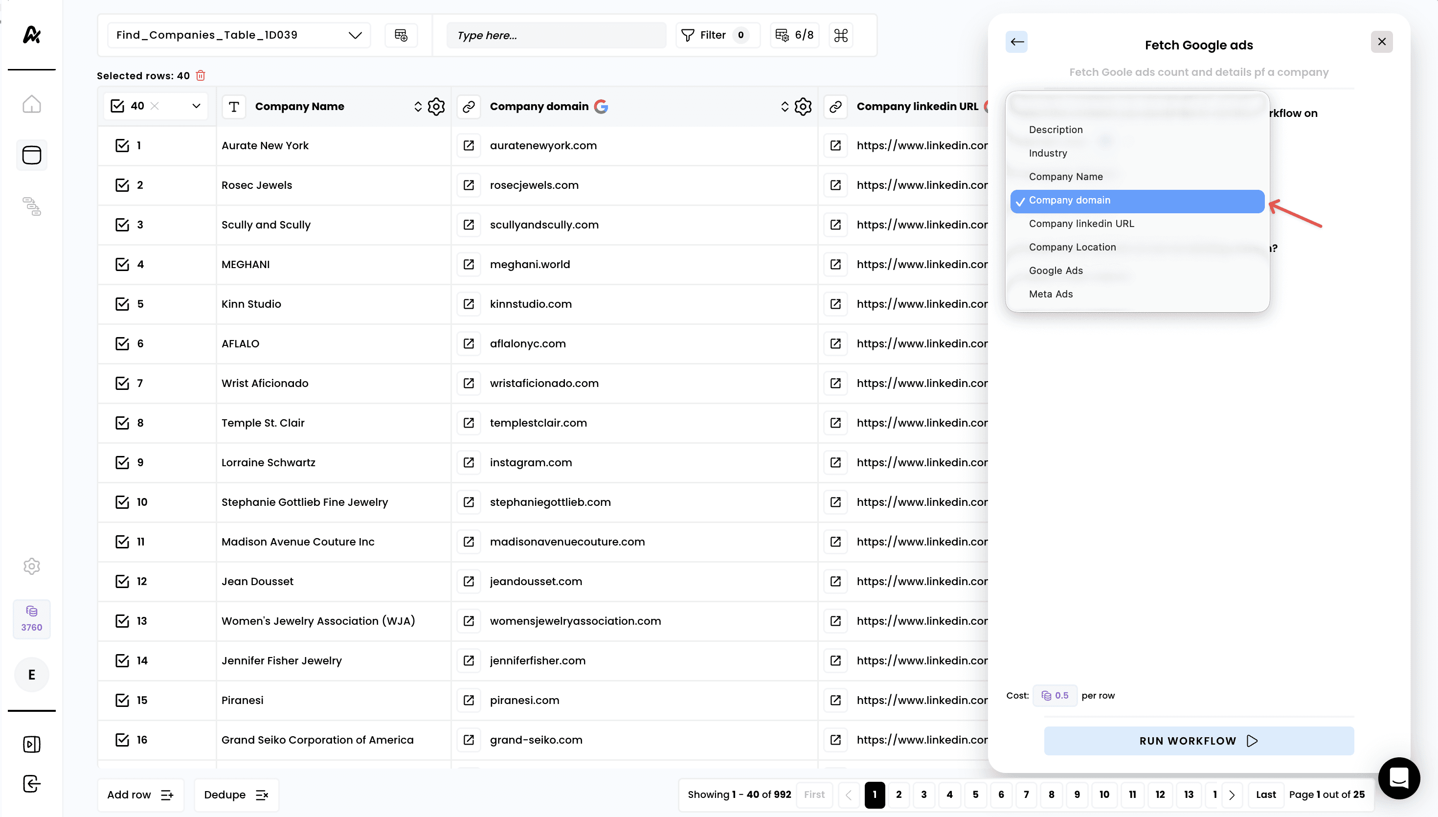 Fetch a company's Google ads — 3. Select the correct input