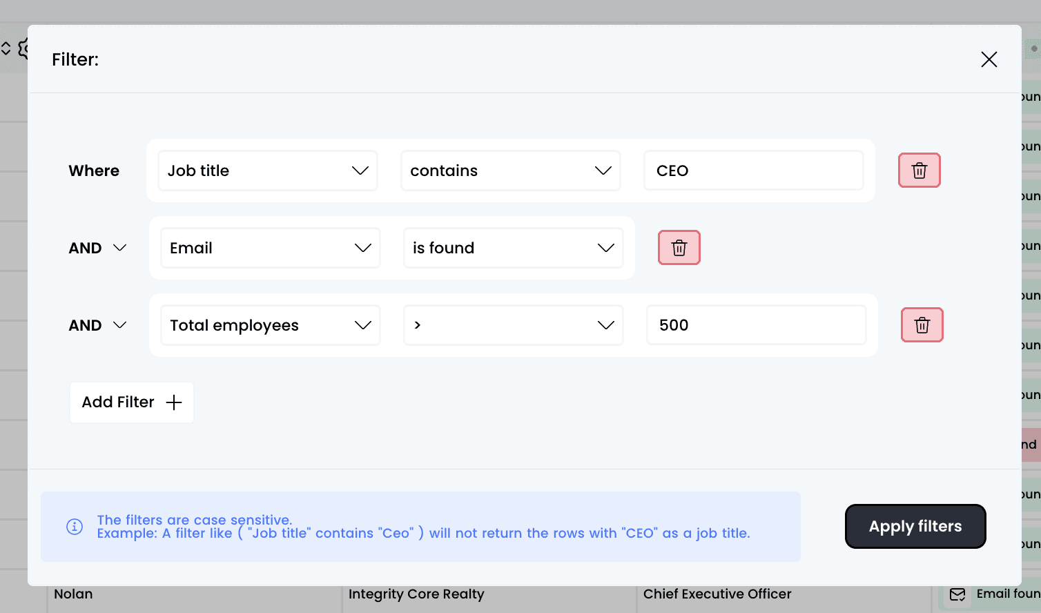 Filter tables — 1. Click on "Filter"
