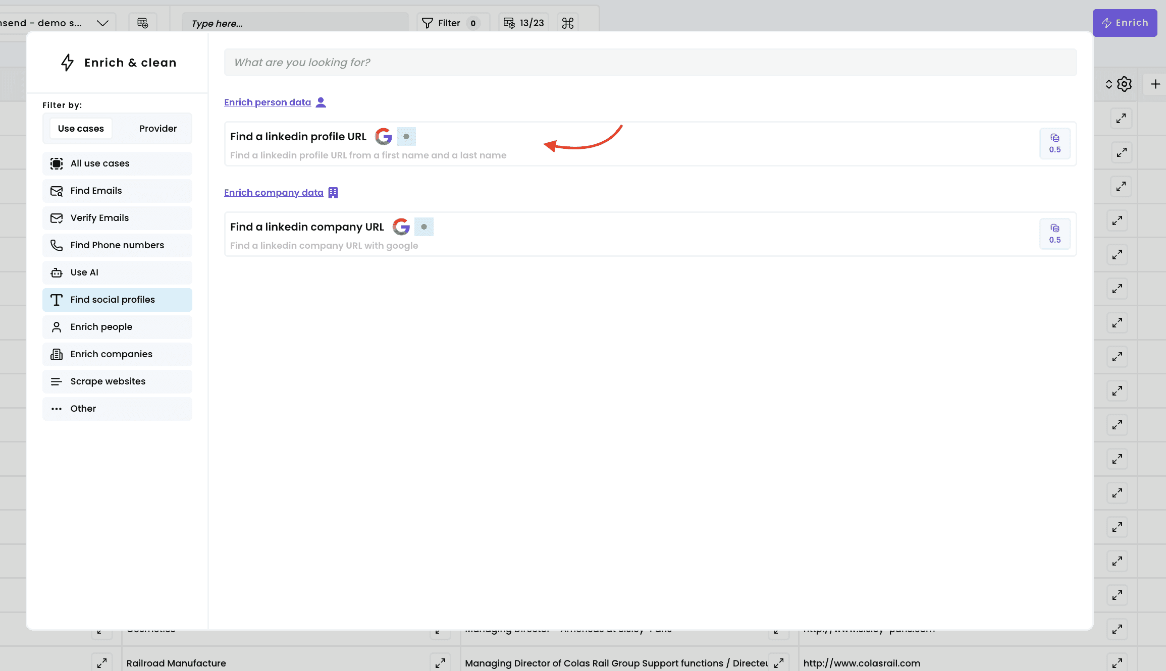 Find a LinkedIn profile URL — 1. Select the enrichment