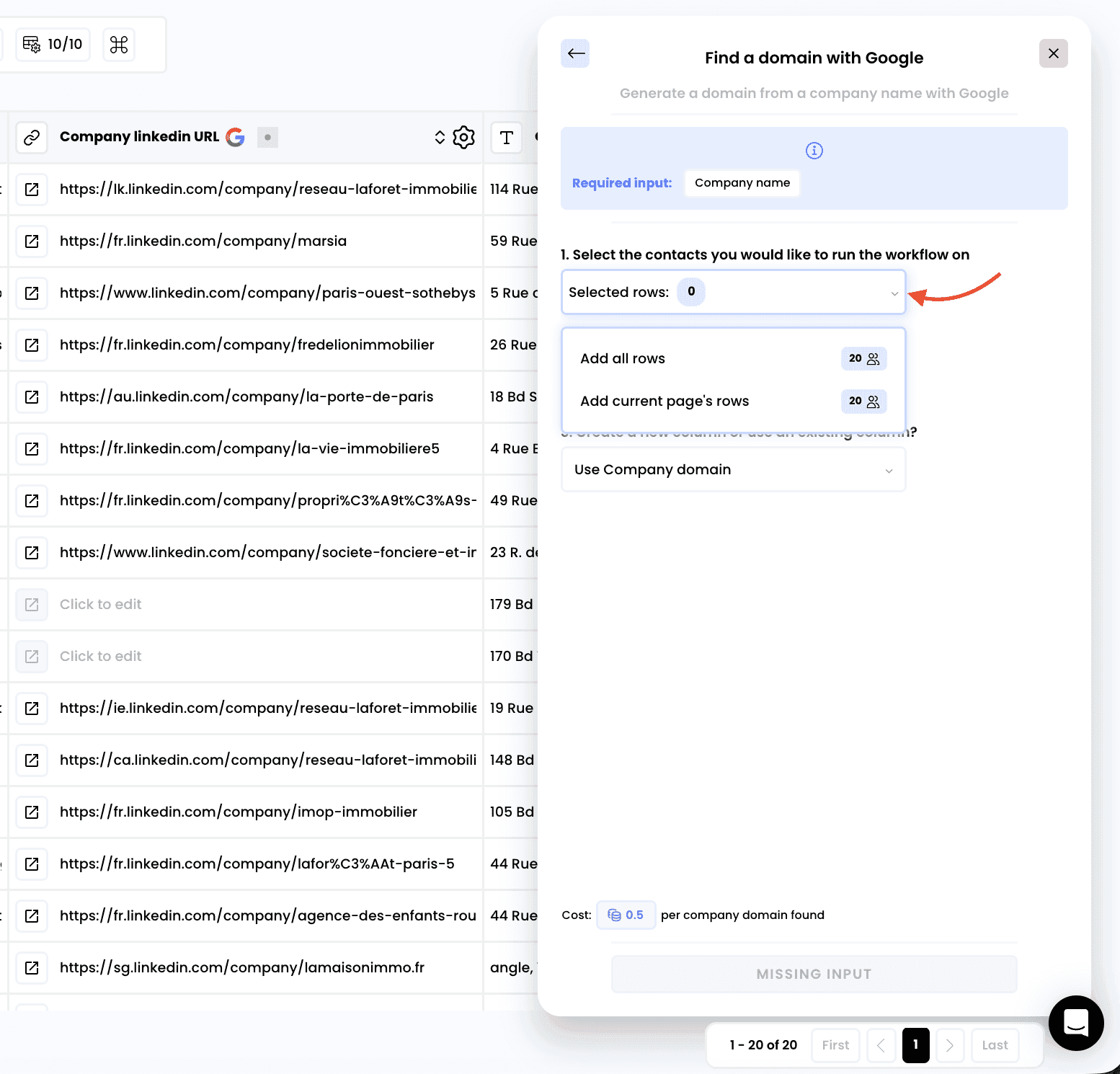 Find a company domain — 2. Select the rows to enrich