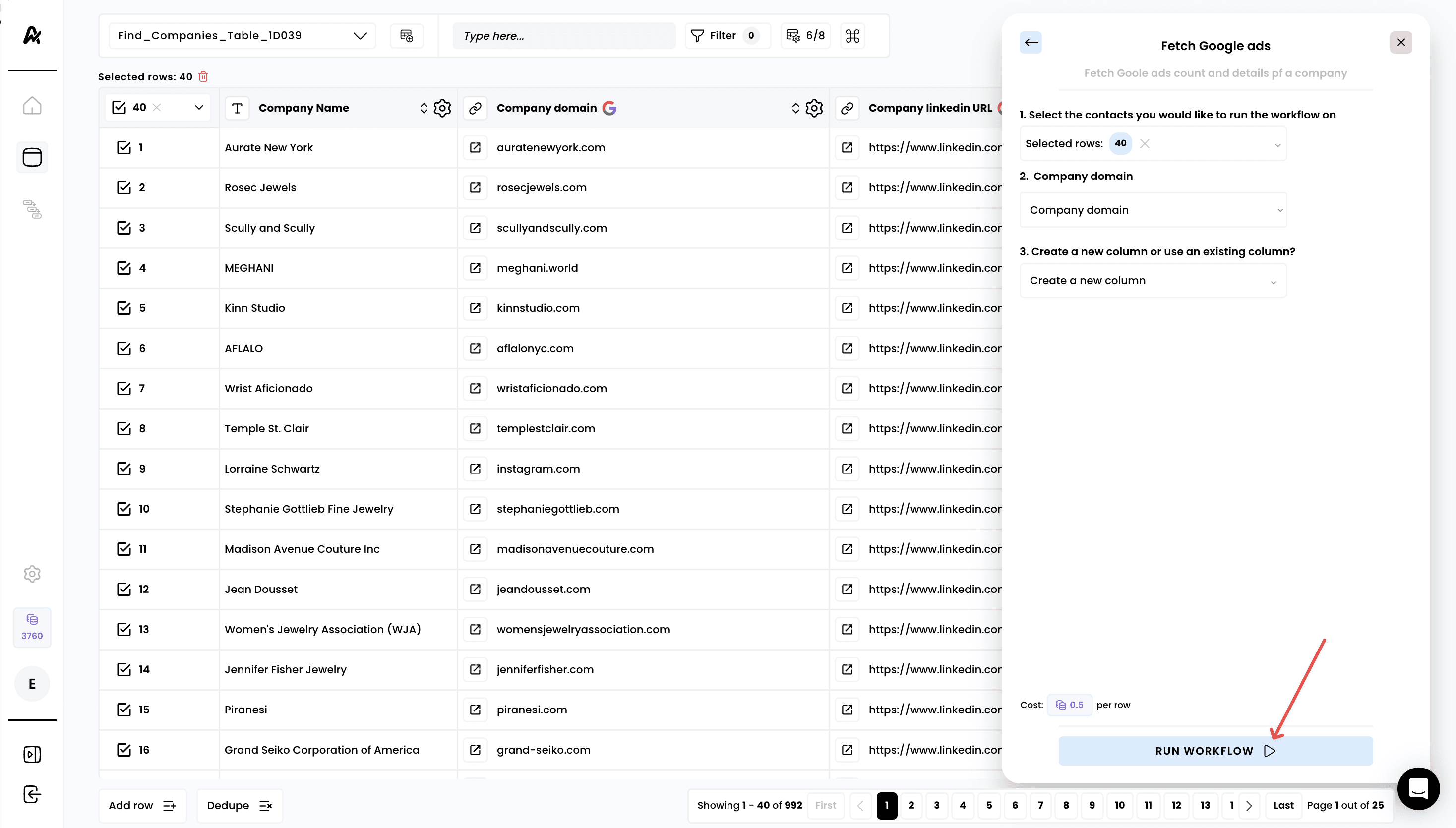 Fetch a company's Google ads — 4. Run the workflow