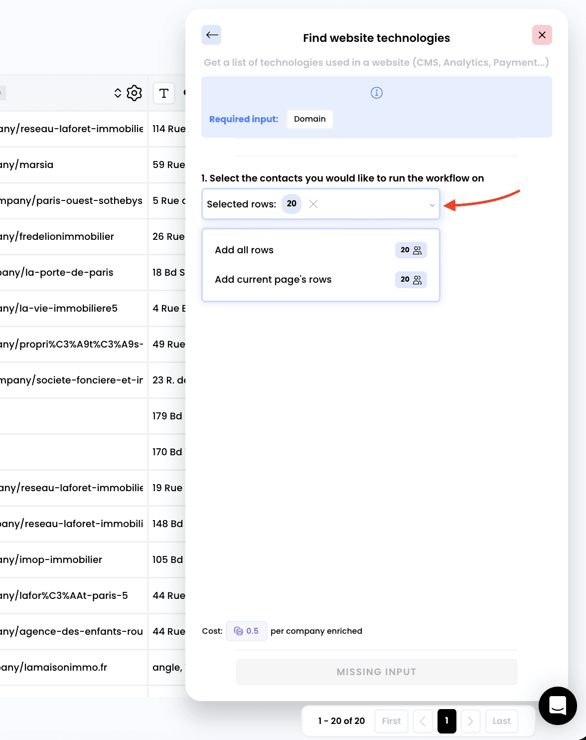 Find company technologies — 2. Select the rows to enrich