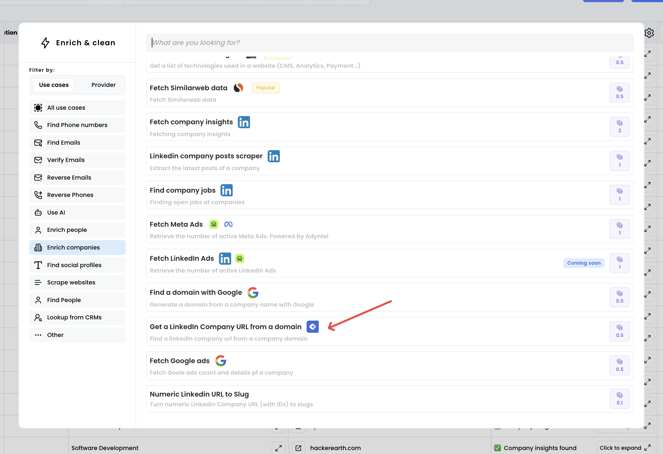 Find a Linkedin company URL from a domain — 1. Select the enrichment