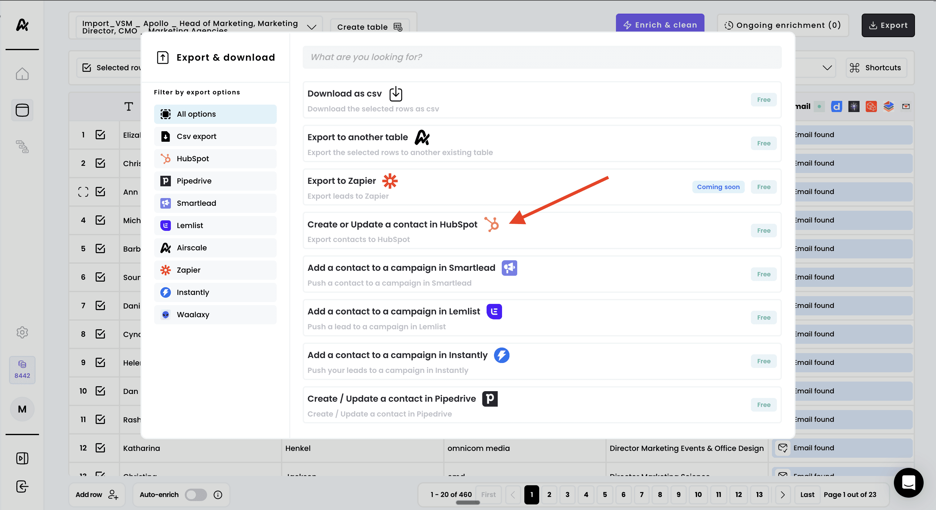 Export your leads to HubSpot — 2. Select "Create or update a contact in HubSpot"