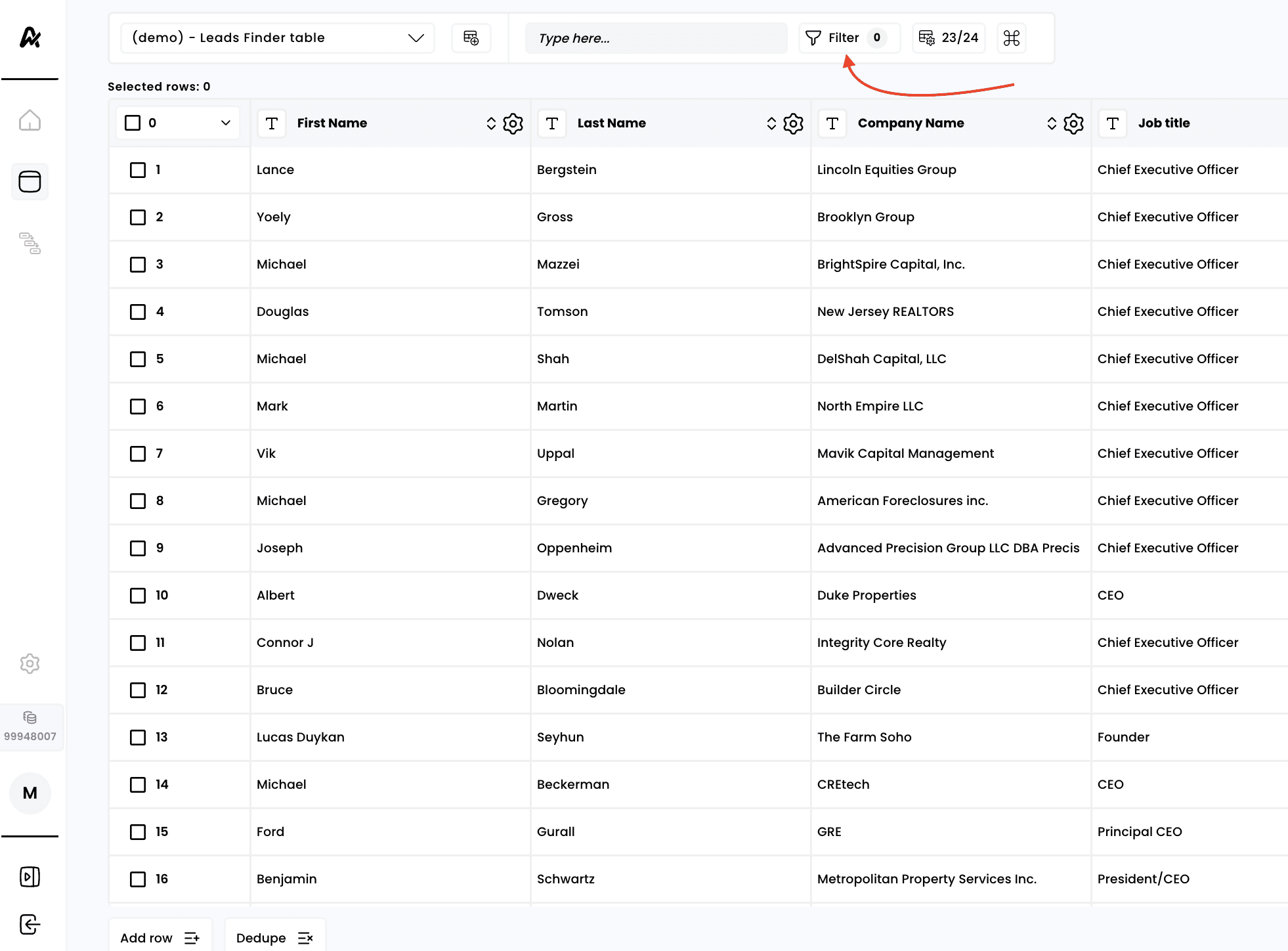 Filter tables — 1. Click on "Filter"