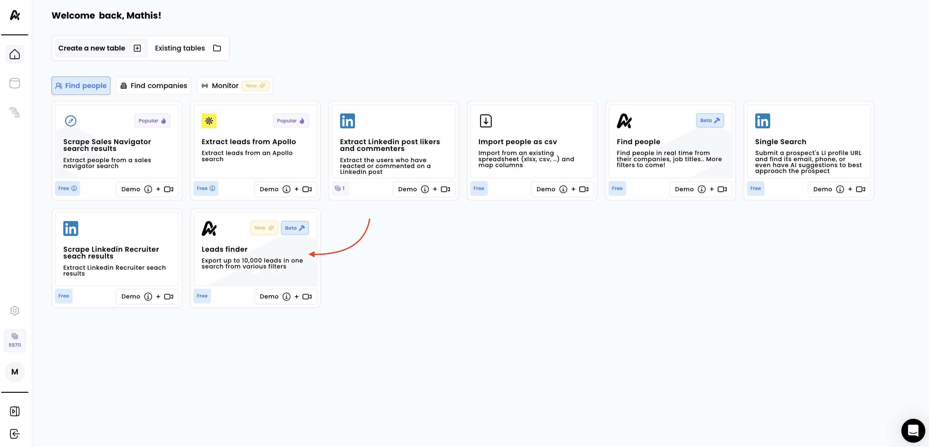 Leads finder — 1. Click on "Leads finder"
