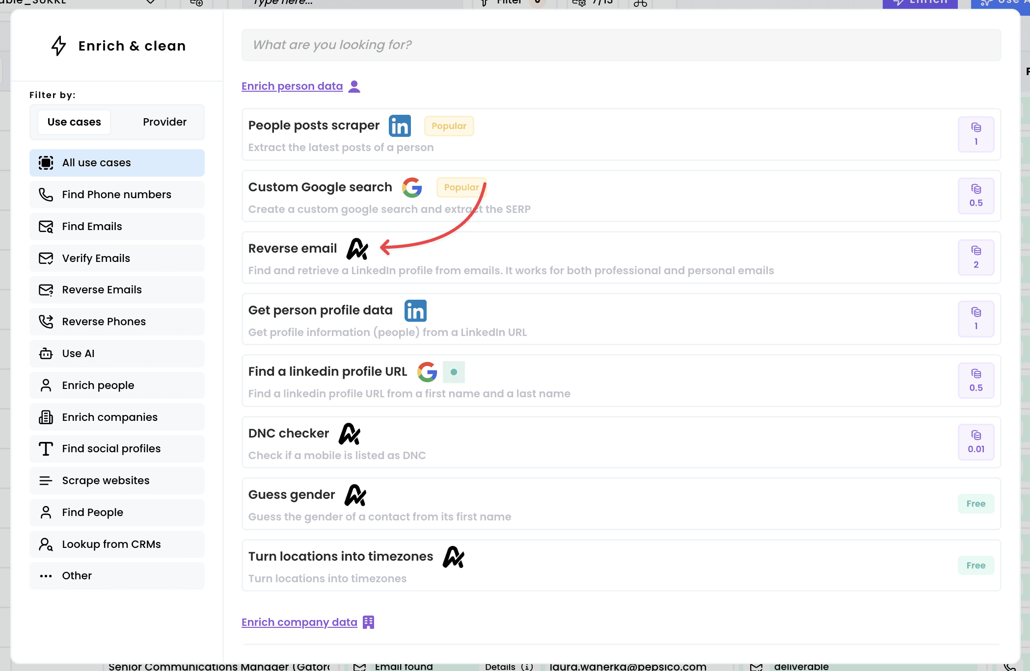 Find LinkedIn profile data from an email — 1. Select the enrichment