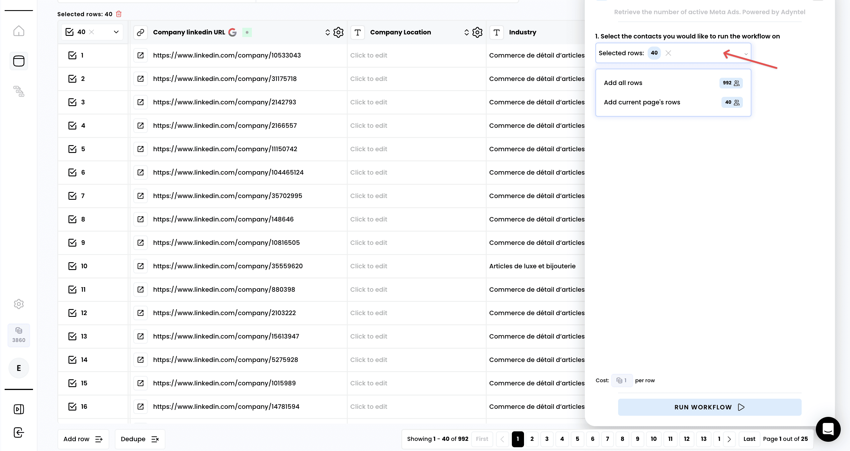 Fetch a company's Meta ads — 2. Select the rows to enrich