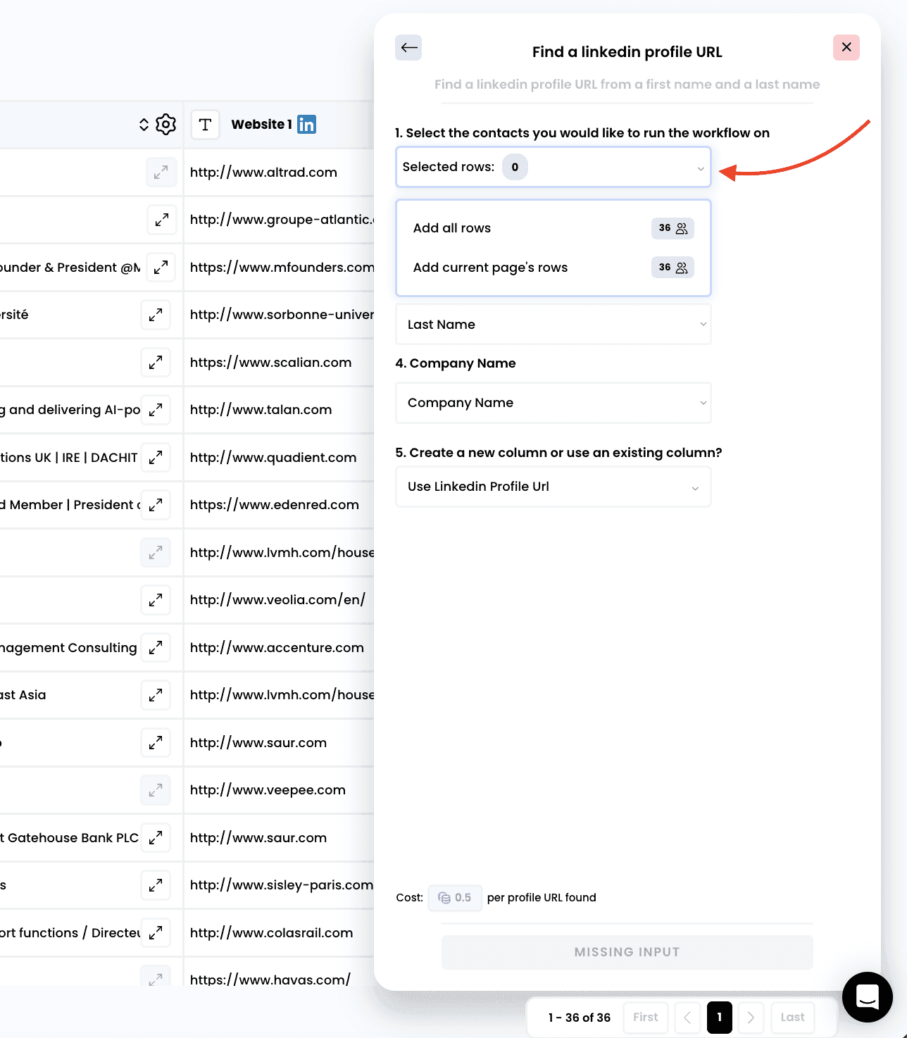 Find a LinkedIn profile URL — 2. Select the rows to enrich