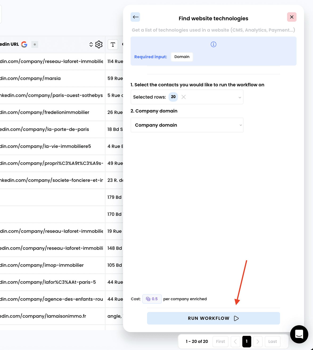 Find company technologies — 3. Run the workflow