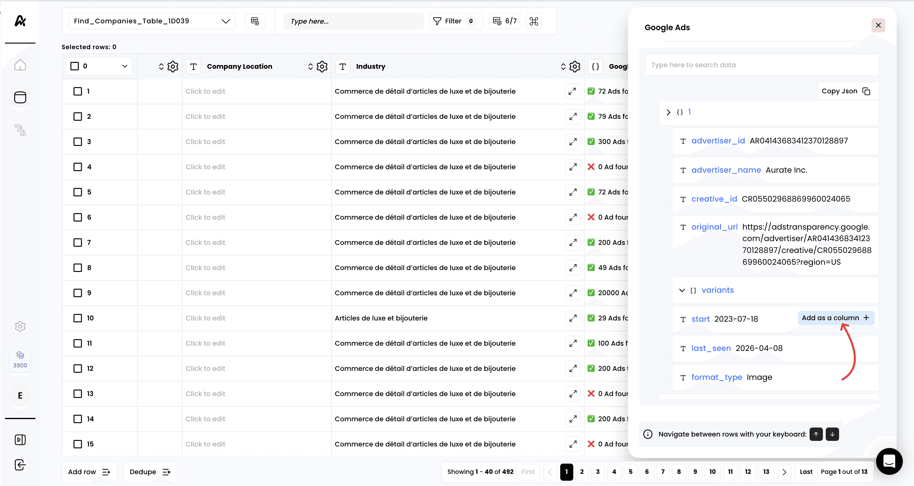 Fetch a company's Google ads — 6. Add columns for any data points retrieved