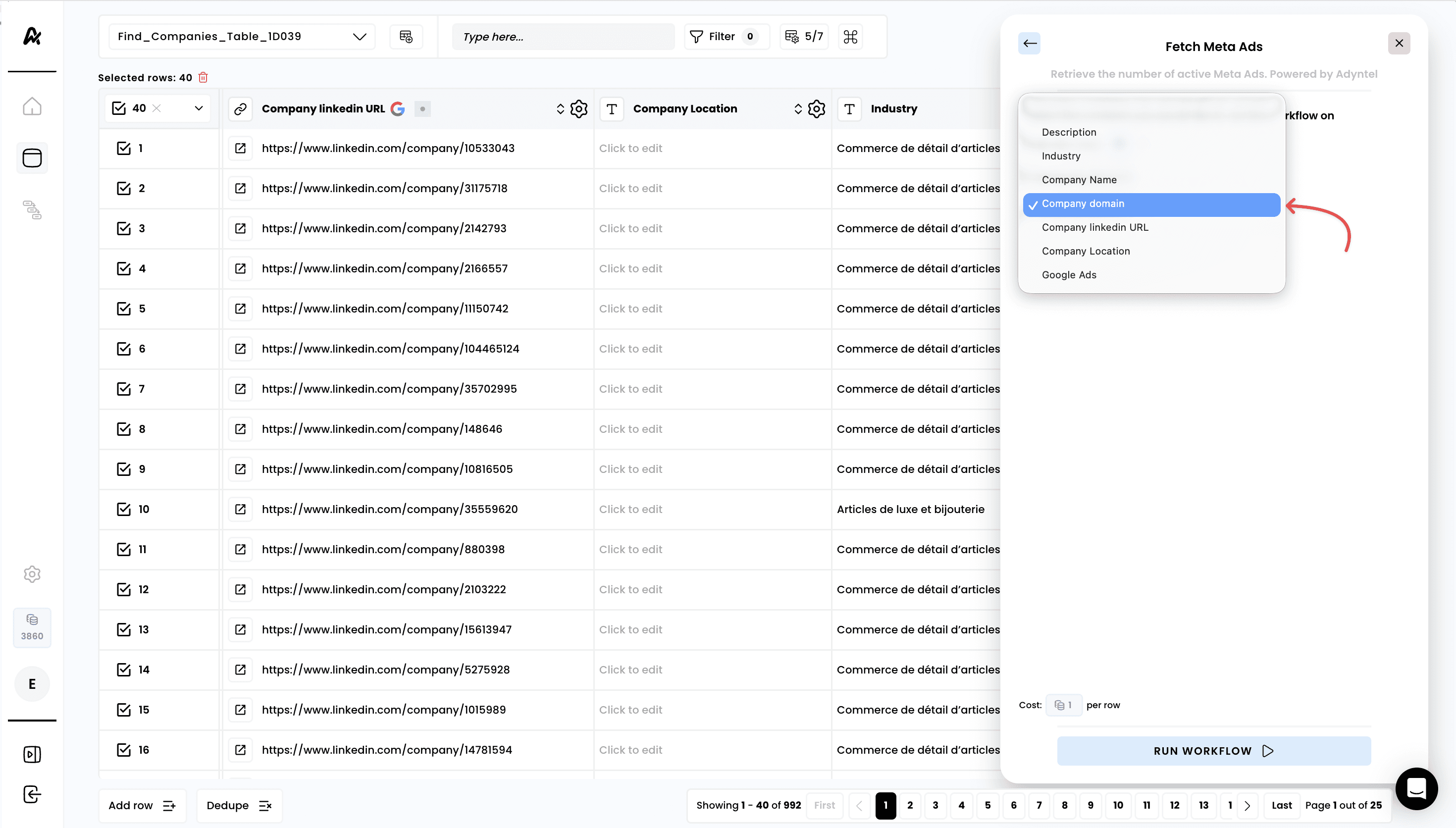 Fetch a company's Meta ads — 3. Select the correct input