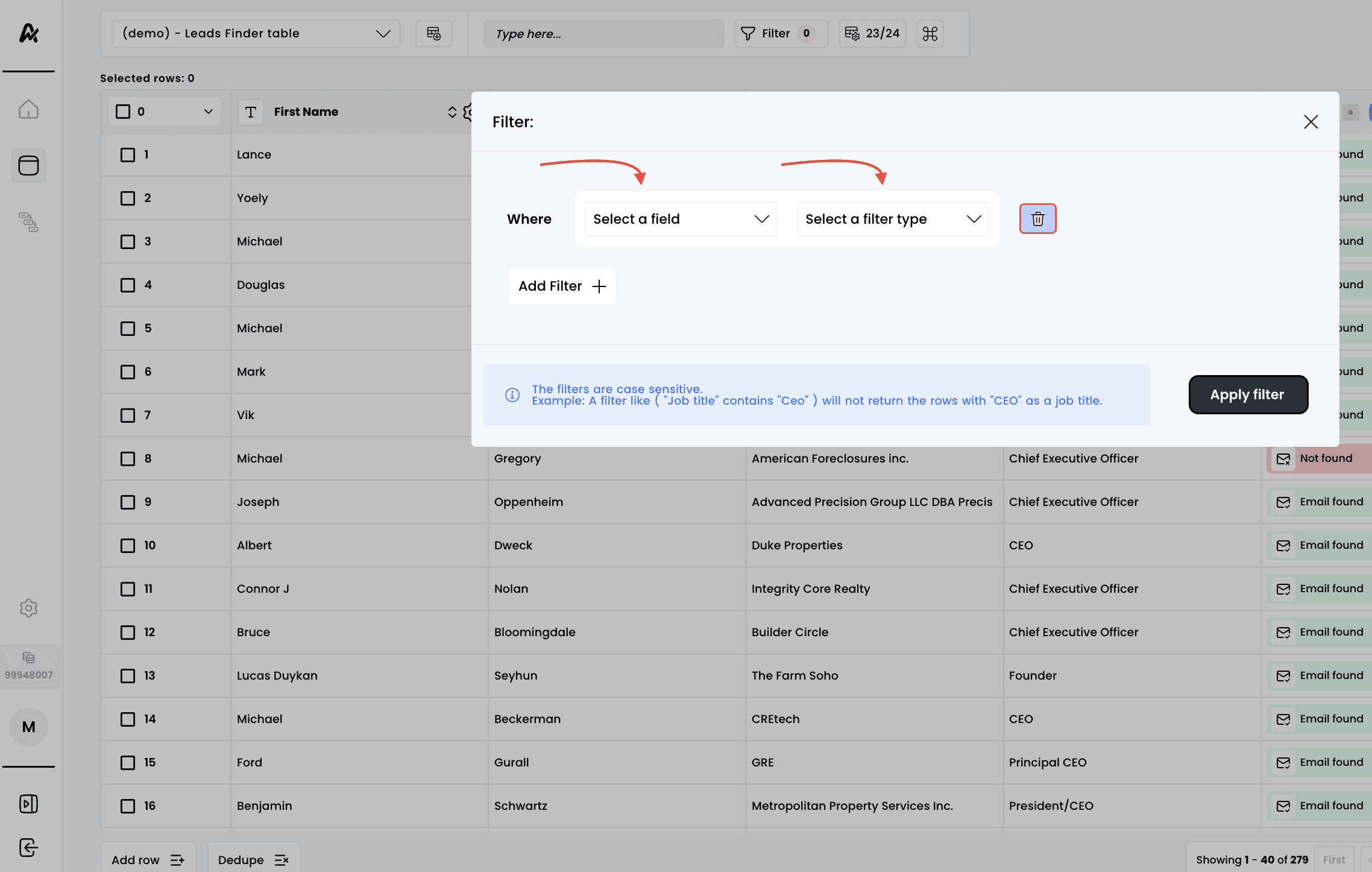 Filter tables — 1. Click on "Filter"