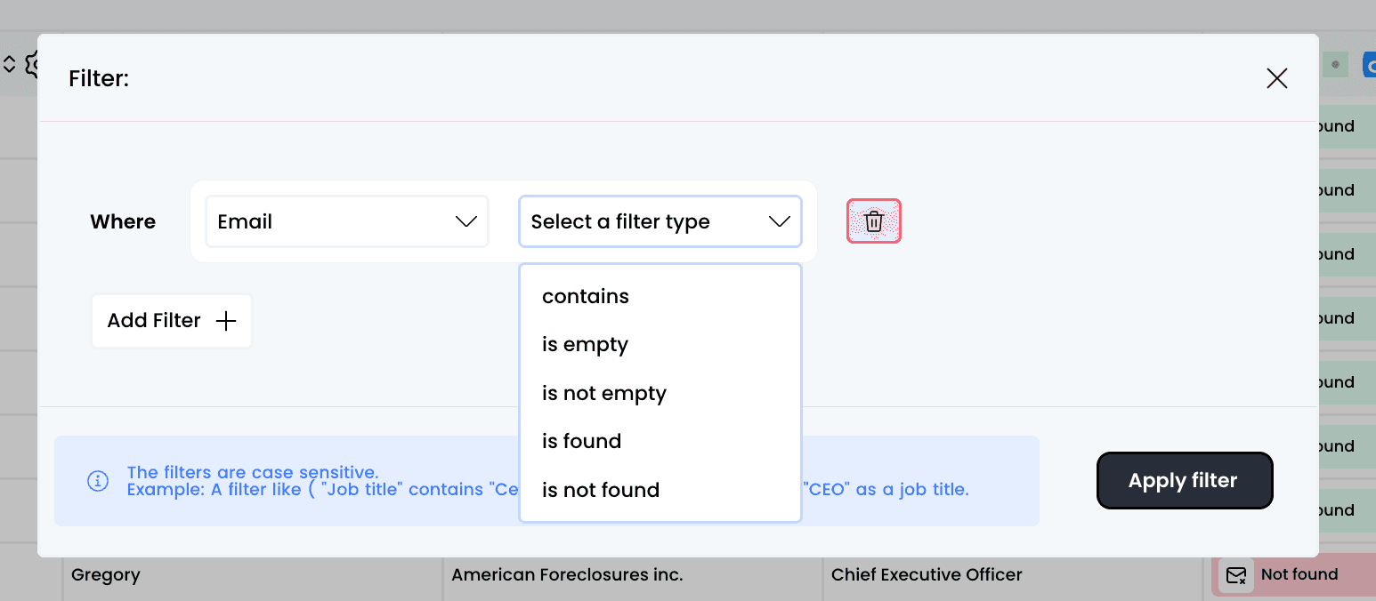 Filter tables — 1. Click on "Filter"