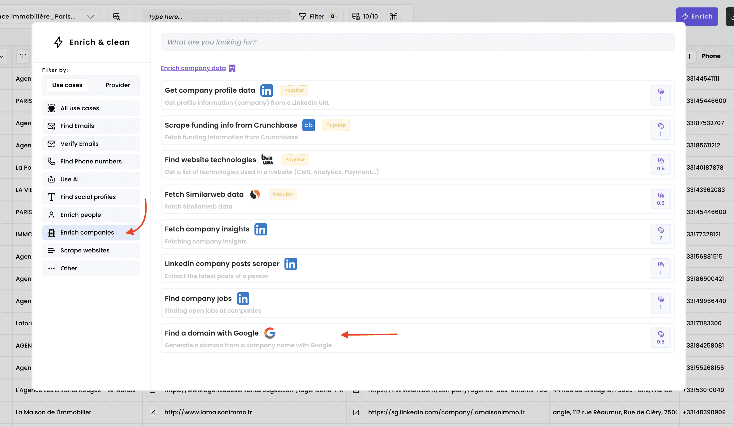 Find a company domain — 1. Select the enrichment