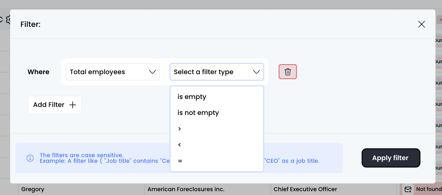 Filter tables — 1. Click on "Filter"