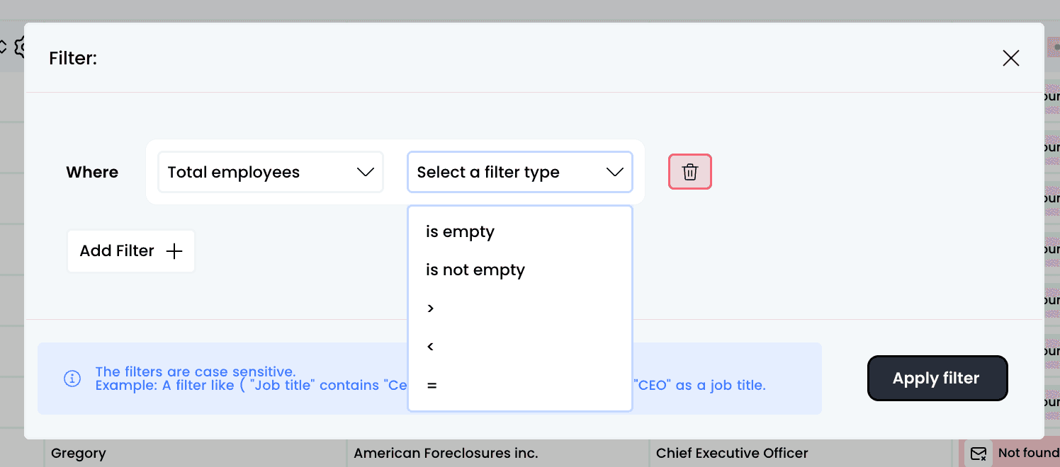 Filter tables — 1. Click on "Filter"