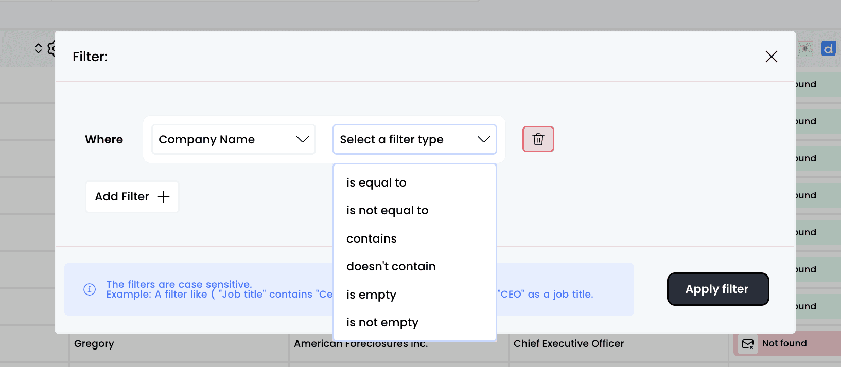 Filter tables — 1. Click on "Filter"