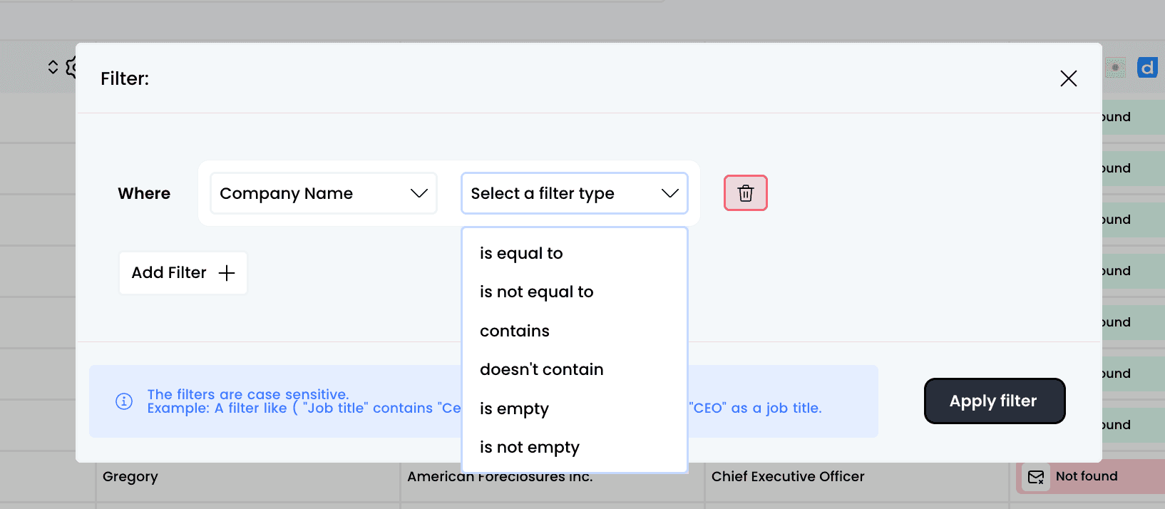 Filter tables — 1. Click on "Filter"