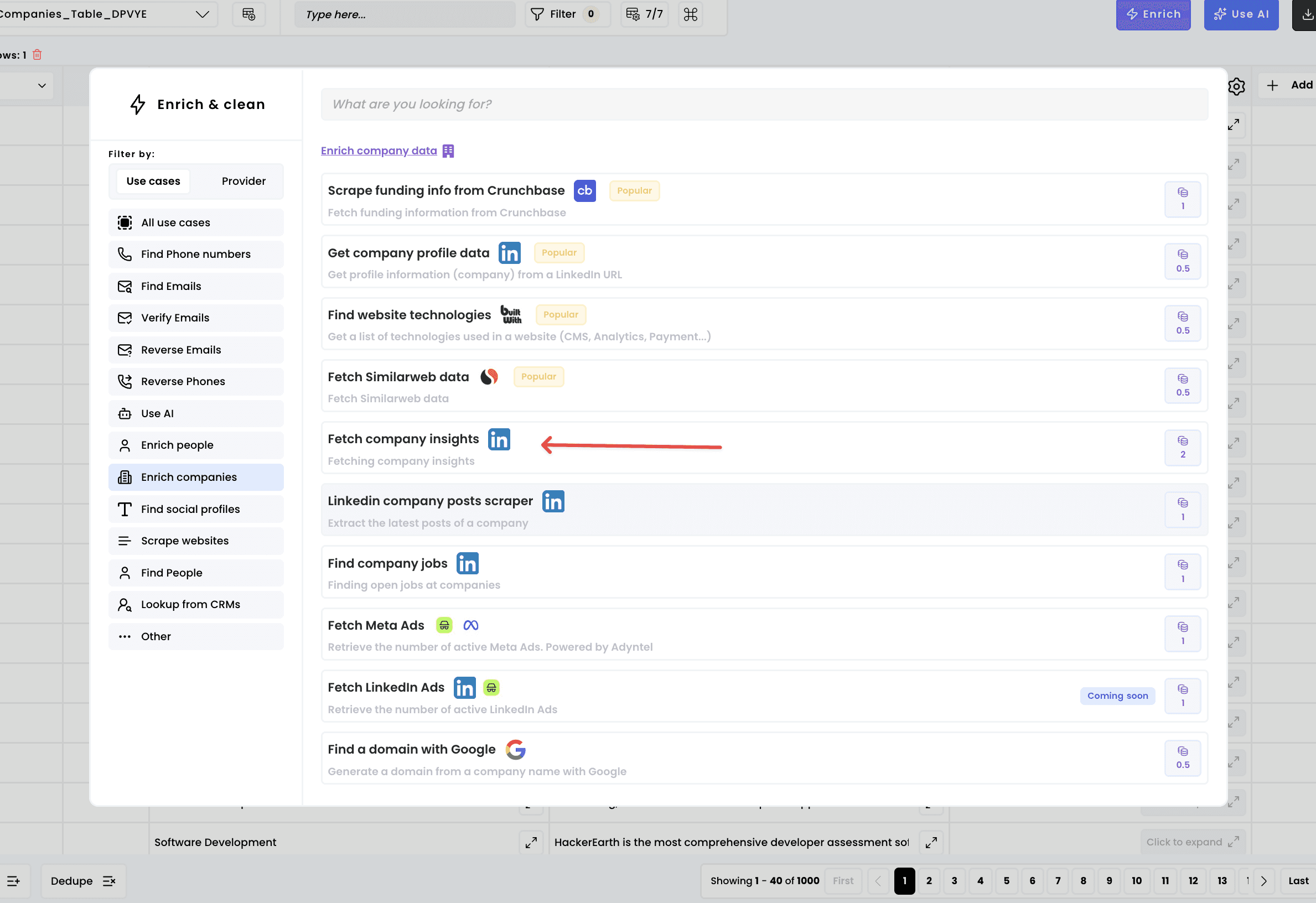 Fetch company insights — 1. Select the enrichment