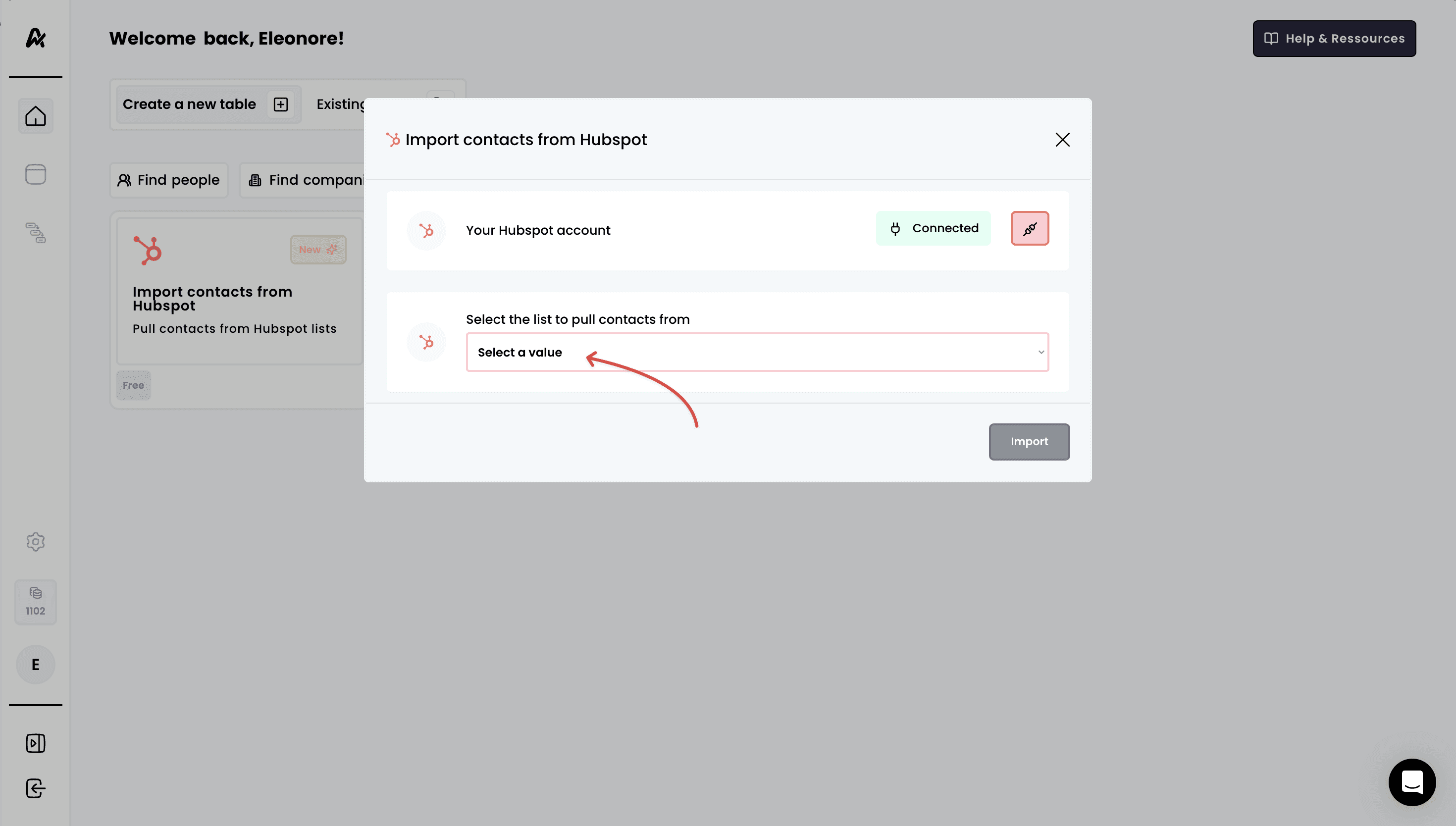 Import contacts from Hubspot — 3. Select a list from your Hubspot account