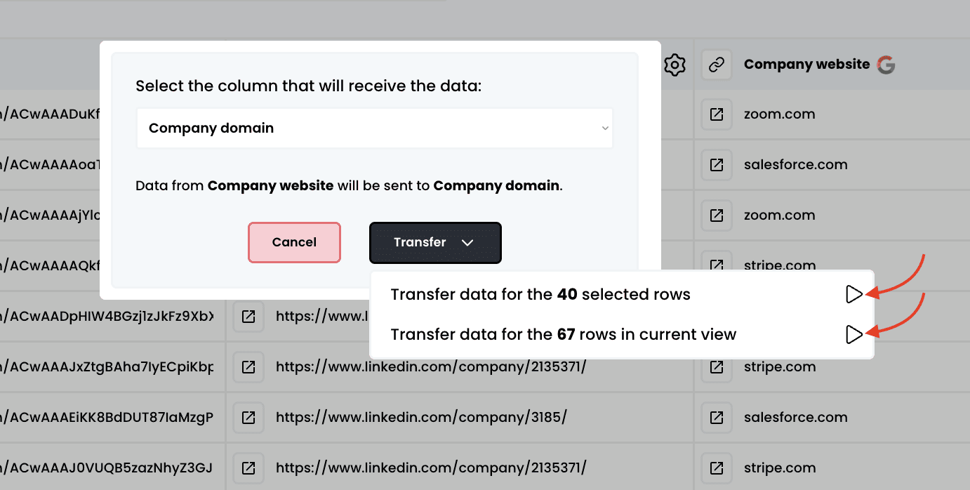 Transfer column content — 4. Choose the number of rows you want to transfer
